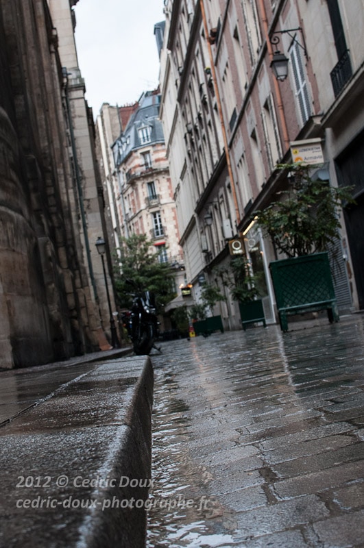 Je profite d'une légère accalmie pour m'accroupir et prendre la photo des cette rue et des pavés mouillés par la pluie en contre plongée.  