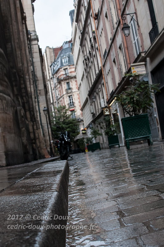 Je profite d'une légère accalmie pour m'accroupir et prendre la photo des cette rue et des pavés mouillés par la pluie en contre plongée.