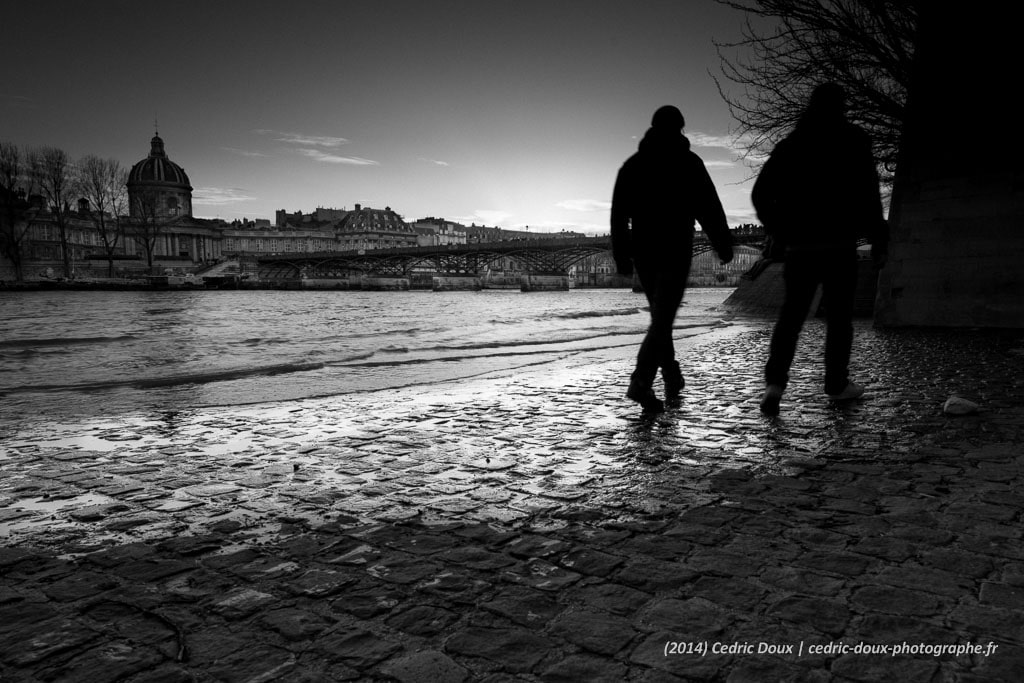 Quais de Seine. Silhouettes marchent sur les pavés