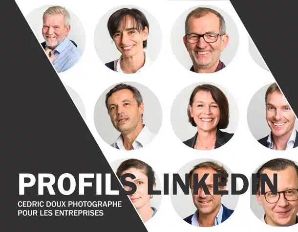 Illustration portraits LinkedIn corporate : profils professionnels, hommes et femmes, photo de couverture prestation entreprise
